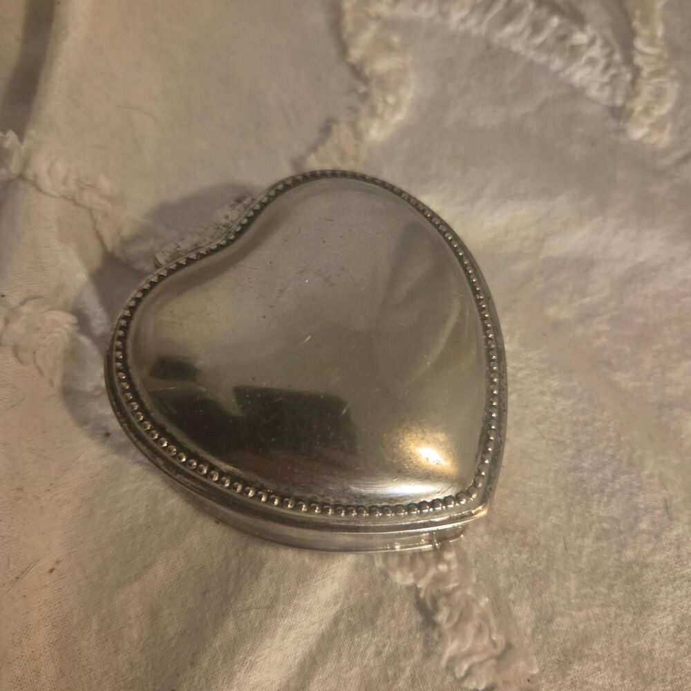 Vintage Silver Heart Trinket Jewelry Box Velvet 3" Wide Victorian coquette